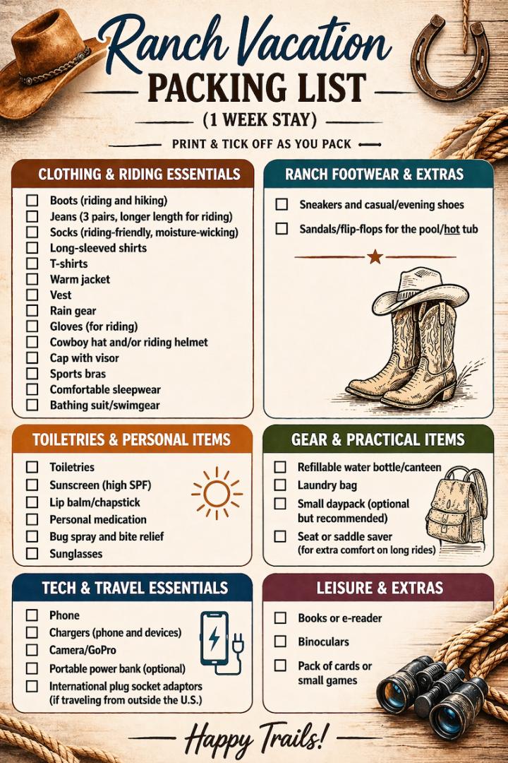 Printable Ranch Vacation Packing List: What to Pack for a 1-Week Dude Ranch Stay